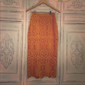 Saffron yellow lace midi skirt